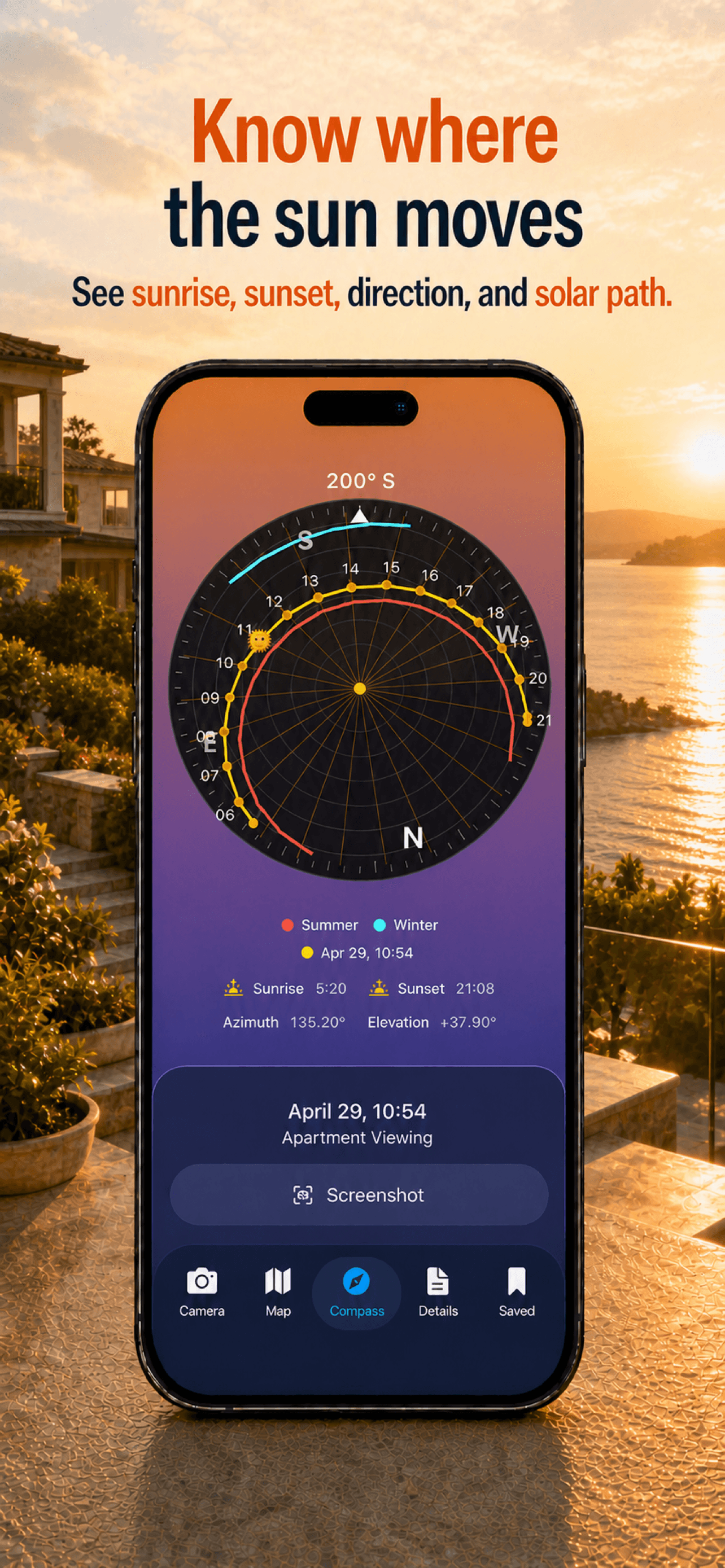 Sun Exposure Planner compass view showing sunrise, sunset, direction, and solar path.